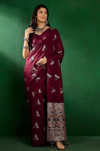 Maroon ethnic motifs woven design banarasi saree