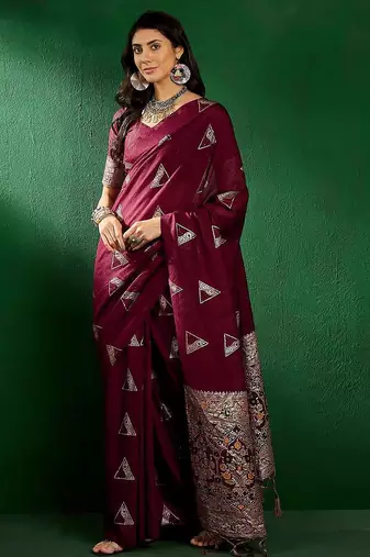Maroon ethnic motifs woven design banarasi saree