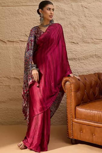 Pink women pink printed block print sarees