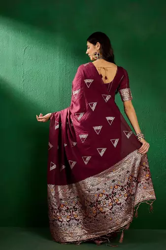 Maroon ethnic motifs woven design banarasi saree