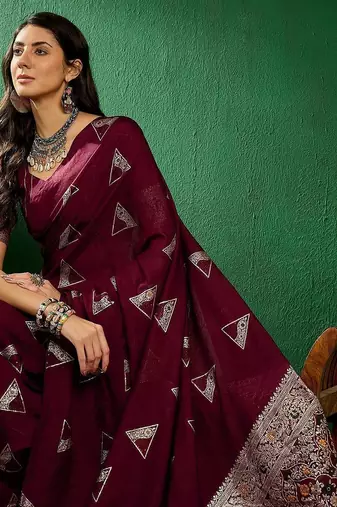 Maroon ethnic motifs woven design banarasi saree