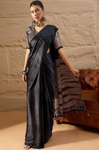 Black women ethnic block printed poly crepe saree