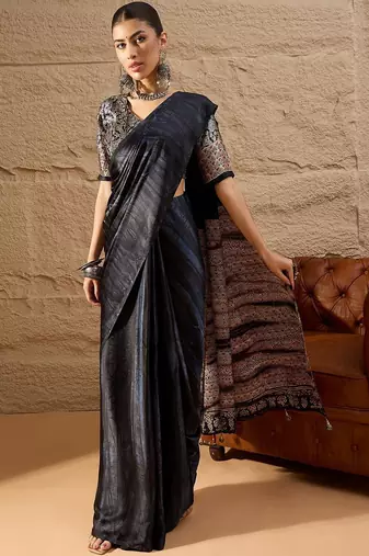 Black women ethnic block printed poly crepe saree
