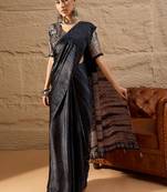 Black women ethnic block printed poly crepe saree