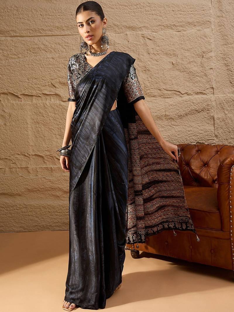 Black women ethnic block printed poly crepe saree