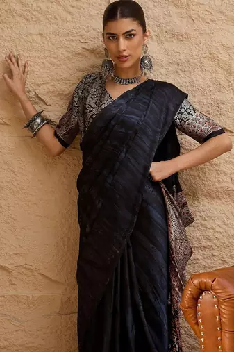 Black women ethnic block printed poly crepe saree