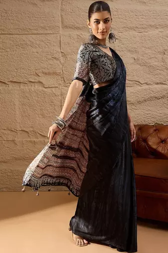Black women ethnic block printed poly crepe saree