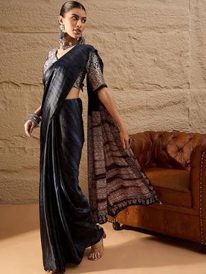 Black women ethnic block printed poly crepe saree 4