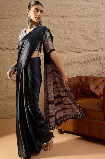 Black women ethnic block printed poly crepe saree