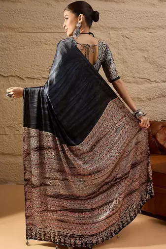 Black women ethnic block printed poly crepe saree