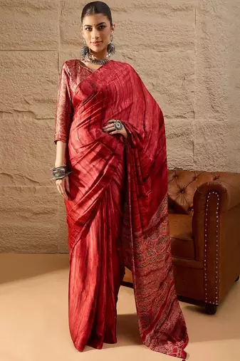Red ethnic block printed crepe saree