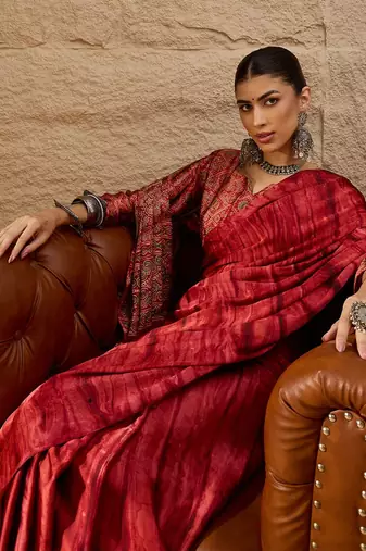Red ethnic block printed crepe saree