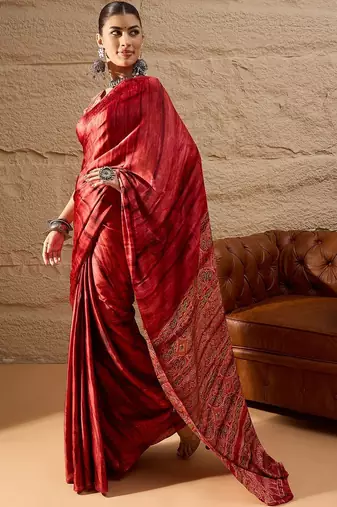 Red ethnic block printed crepe saree