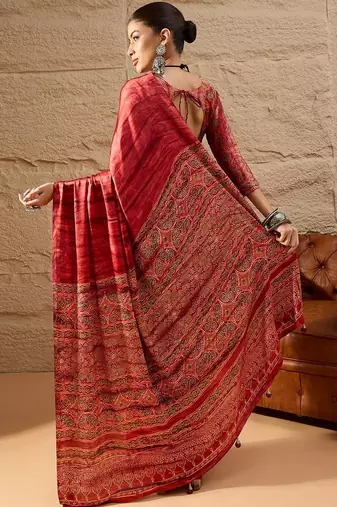 Red ethnic block printed crepe saree