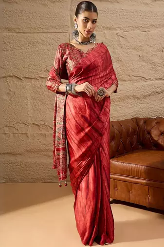 Red ethnic block printed crepe saree