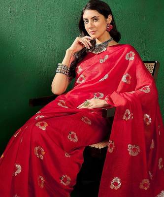 Red ethnic motifs woven design sequined banarasi sarees 1