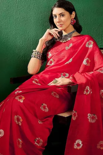 Red ethnic motifs woven design sequined banarasi sarees