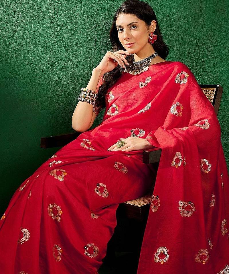 Red ethnic motifs woven design sequined banarasi sarees