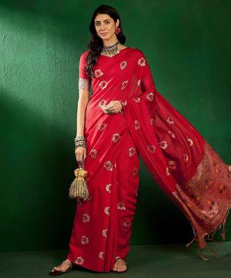 Red ethnic motifs woven design sequined banarasi sarees 2