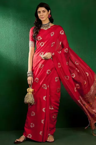 Red ethnic motifs woven design sequined banarasi sarees