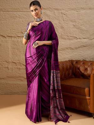 Purple ethnic motifs  crepe designer block print saree 1