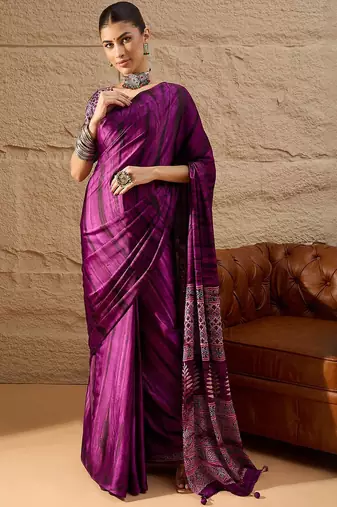 Purple ethnic motifs  crepe designer block print saree