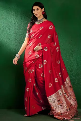 Red ethnic motifs woven design sequined banarasi sarees
