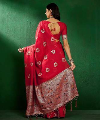 Red ethnic motifs woven design sequined banarasi sarees 4