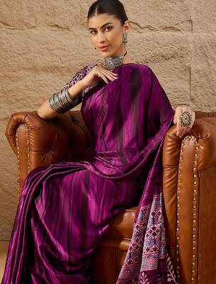 Purple ethnic motifs  crepe designer block print saree 2