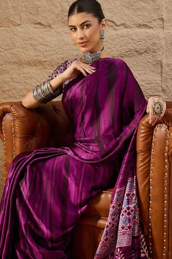 Purple ethnic motifs  crepe designer block print saree