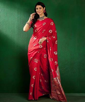 Red ethnic motifs woven design sequined banarasi sarees 5