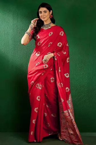 Red ethnic motifs woven design sequined banarasi sarees
