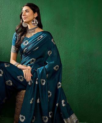 Teal ethnic motifs woven design sequined banarasi sarees 1