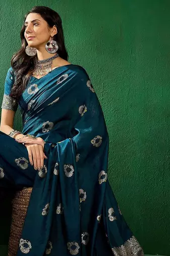 Teal ethnic motifs woven design sequined banarasi sarees