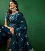 Teal ethnic motifs woven design sequined banarasi sarees