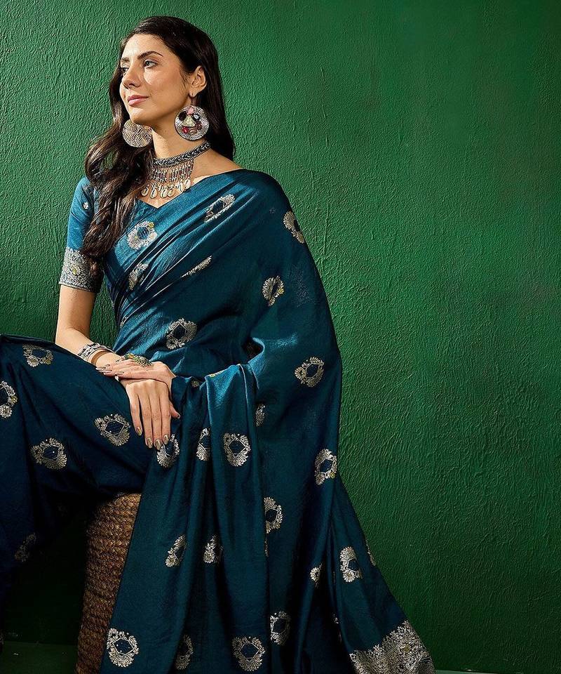 Teal ethnic motifs woven design sequined banarasi sarees