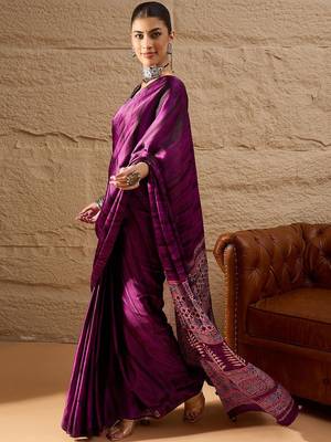Purple ethnic motifs  crepe designer block print saree 3