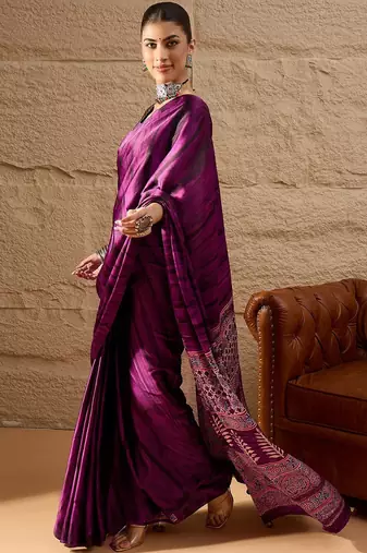 Purple ethnic motifs  crepe designer block print saree