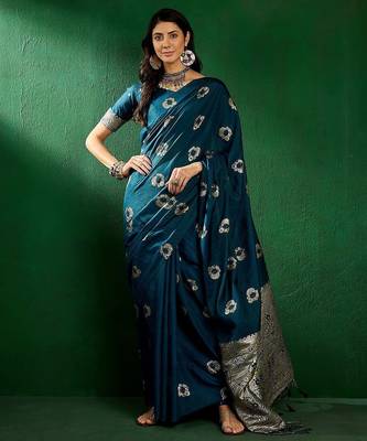 Teal ethnic motifs woven design sequined banarasi sarees 2