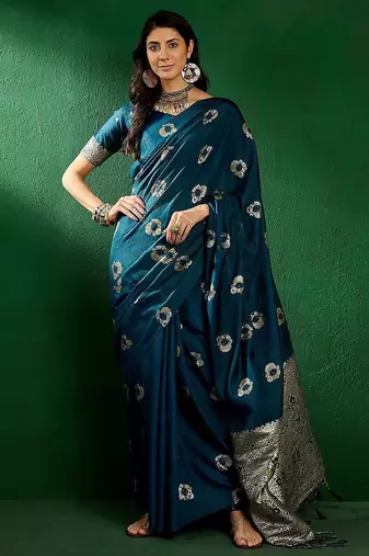 Teal ethnic motifs woven design sequined banarasi sarees