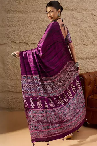 Purple ethnic motifs  crepe designer block print saree