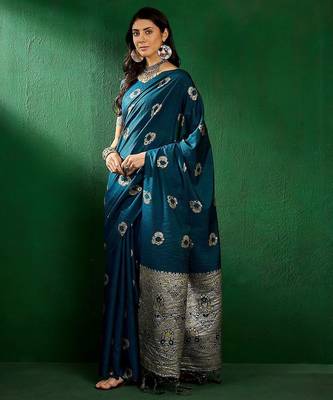 Teal ethnic motifs woven design sequined banarasi sarees 3