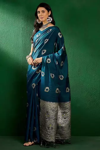 Teal ethnic motifs woven design sequined banarasi sarees