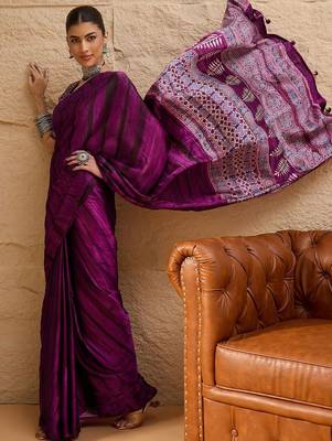 Purple ethnic motifs  crepe designer block print saree 5