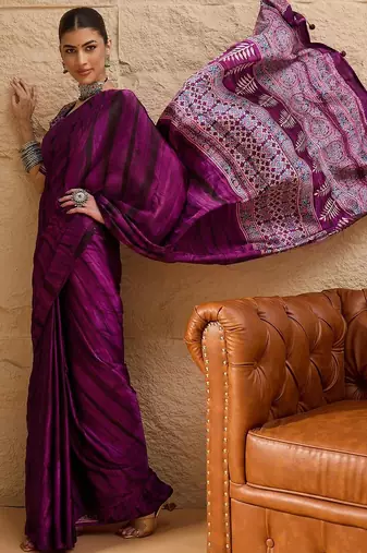 Purple ethnic motifs  crepe designer block print saree