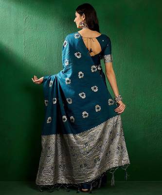 Teal ethnic motifs woven design sequined banarasi sarees 4