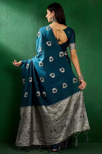 Teal ethnic motifs woven design sequined banarasi sarees