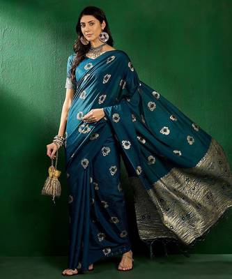 Teal ethnic motifs woven design sequined banarasi sarees 5