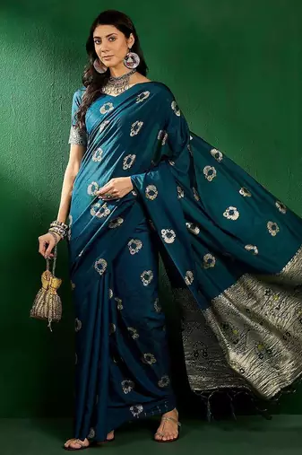 Teal ethnic motifs woven design sequined banarasi sarees