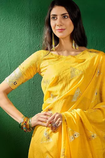 Mustard mustard yellow geometric woven designed sarees